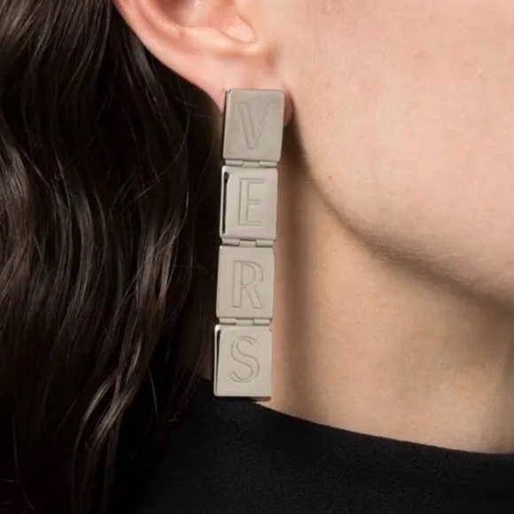 Versace x Dua Lipa Logo Letter Drop Earrings Silver Blocks Medusa NIB $925retail - Picture 2 of 8
